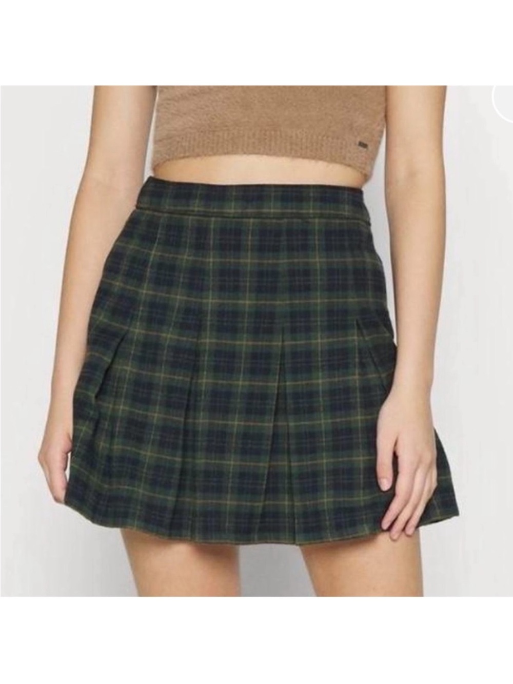 Hollister Plaid Pleated Mini Skirt Green Navy Tartan Ultra High Rise Size M